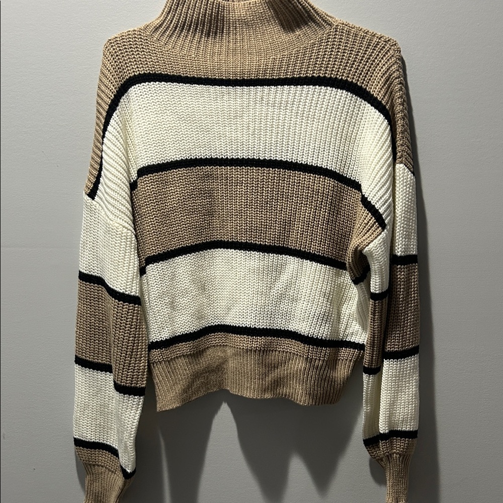 SHEIN Tan and Cream Striped Turtleneck Sweater